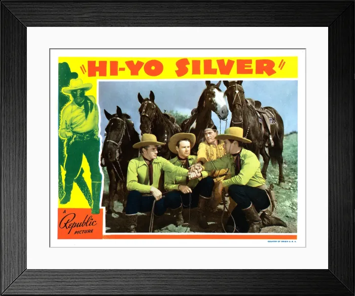 Framed Print : HI-YO SILVER, lobbycard, edited version of 1938 Republic serial THE LONE RANGER, left: Lee Powell, inset, from left: Hal Taliaferro, Lane Chandler, Chief Thundercloud, Lee Powell