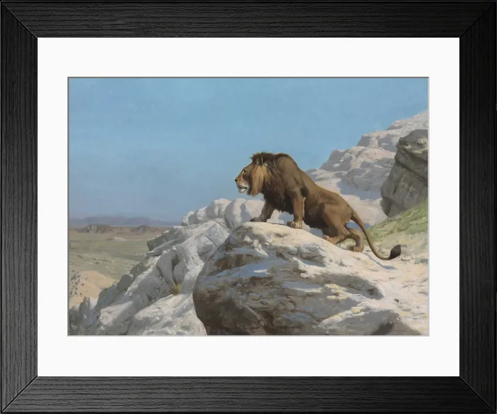 Framed Print : Lion on the Watch, by Jean-Leon Gerome, 1824-1904, French painting, academic realism, oil on wood panel. (BSLOC_2023_3_27)