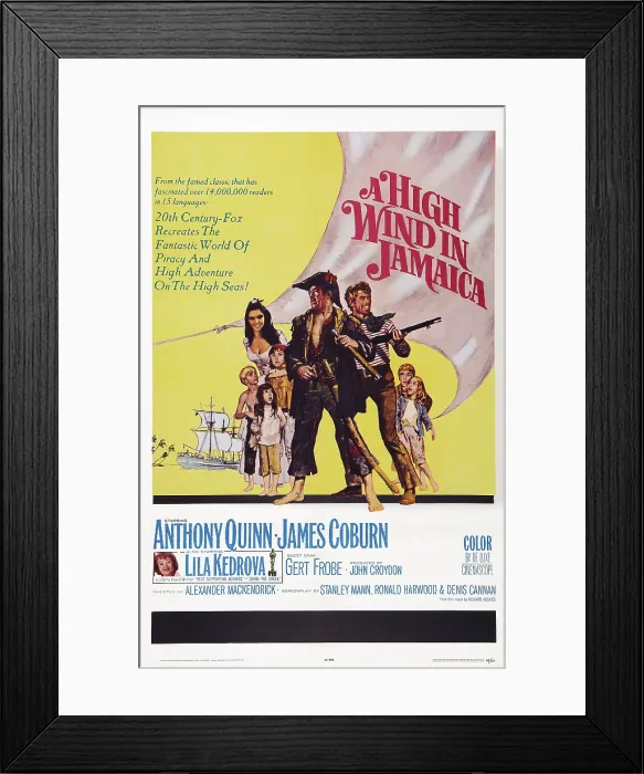 Framed Print : A HIGH WIND IN JAMAICA, US poster, Vivienne Ventura (rear left), Anthony Quinn (hat), James coburn (rifle), bottom left: Lila Kedrova, 1965 Framed Print : A HIGH WIND IN JAMAICA, US poster, Vivienne Ventura (rear left), Anthony Quinn (hat), James coburn (rifle), bottom left: Lila Kedrova, 1965
