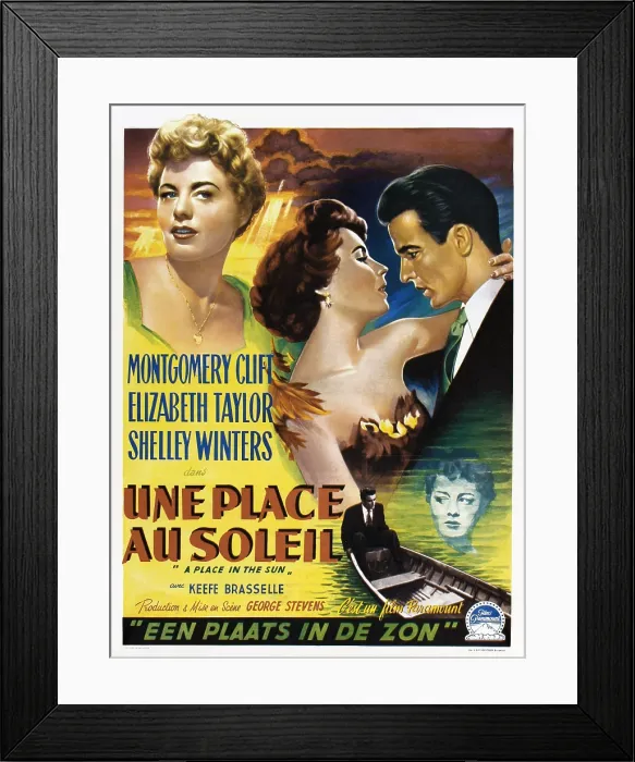 Framed Print : A PLACE IN THE SUN, (aka UNE PLACE AU SOLEIL), top from left: Shelley Winters, Elizabeth Taylor, Montgomery Clift, bottom: Montgomery Cleft (at boat), Shelley Winters, 1951 Framed Print : A PLACE IN THE SUN, (aka UNE PLACE AU SOLEIL), top from left: Shelley Winters, Elizabeth Taylor, Montgomery Clift, bottom: Montgomery Cleft (at boat), Shelley Winters, 1951