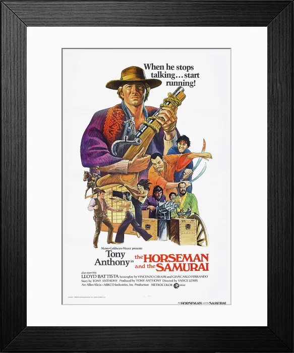 Framed Print : THE HORSEMAN AND THE SAMURAI, (aka THE SILENT STRANGER, aka LO STRANIERO DI SILENZIO), top: Tony Anthony on poster art, 1968