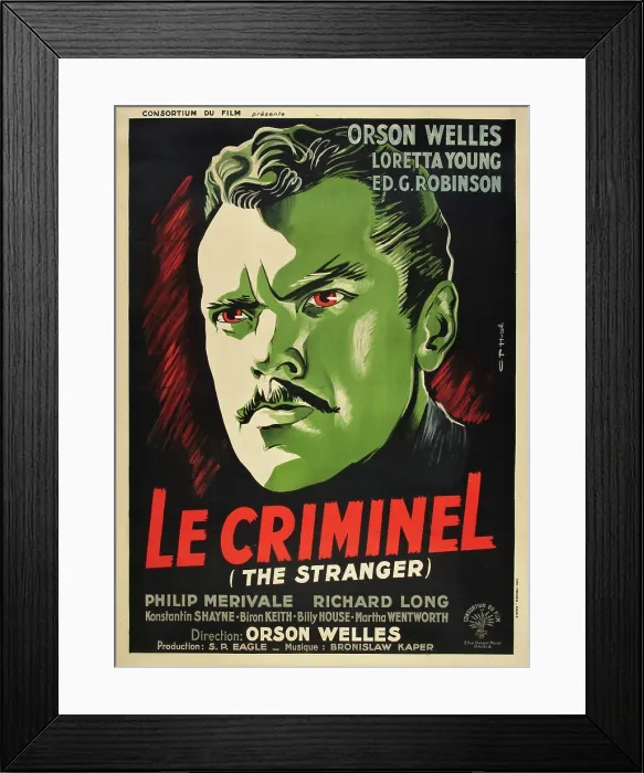 Framed Print : THE STRANGER, (aka LE CRIMINEL), Orson Welles on French poster art, 1946 Framed Print : THE STRANGER, (aka LE CRIMINEL), Orson Welles on French poster art, 1946