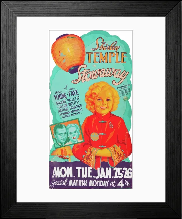 Framed Print : STOWAWAY, l-r: Robert Young, Alice Faye, Shirley Temple on silkscreen loby display, 1936, TM and Copyright 20th Century Fox Film Corp