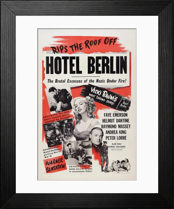 Framed Print : HOTEL BERLIN, US poster art, center: Faye Emerson; below: Peter Lorre, 1945 Framed Print : HOTEL BERLIN, US poster art, center: Faye Emerson; below: Peter Lorre, 1945