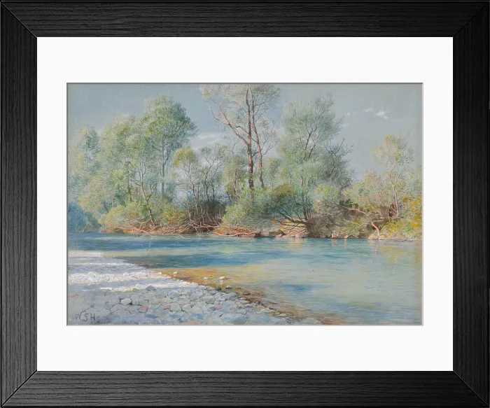 Framed Print : Traunstein River on the Road to Empfig, Bavaria, c. 1893-1896, by William Stanley Haseltine, 1835-1900, American landscape painting, watercolor and gouache on blue paper