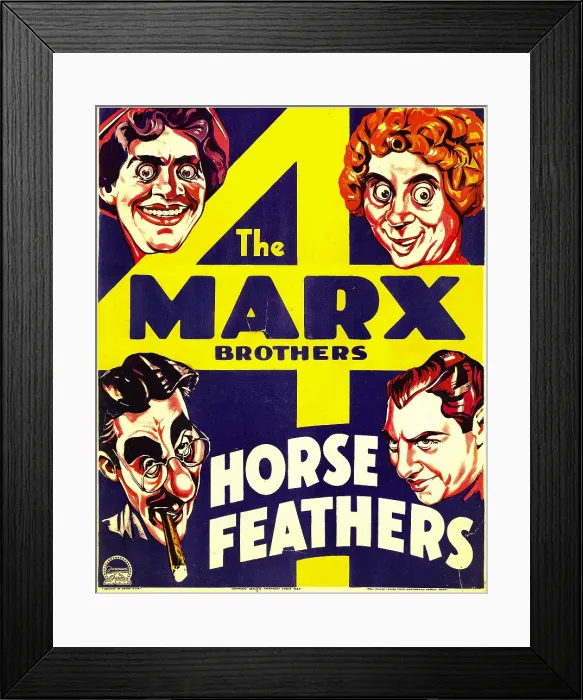Framed Print : HORSE FEATHERS, clockwise from top left: The Marx Brothers-Chico Marx, Harpo Marx, Zeppo Marx, Groucho Marx on window card, 1932 Framed Print : HORSE FEATHERS, clockwise from top left: The Marx Brothers-Chico Marx, Harpo Marx, Zeppo Marx, Groucho Marx on window card, 1932