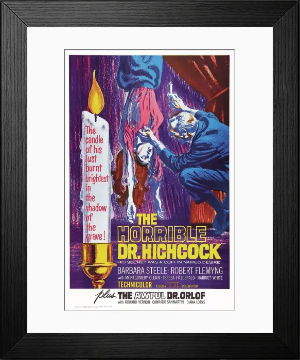 Framed Print : THE HORRIBLE DR. HICHCOCK, (aka L'ORRIBILE DEL DR. HICHCOCK), US poster art, 1962; double bill: THE AWFUL DR. ORLOF, 1962 Framed Print : THE HORRIBLE DR. HICHCOCK, (aka L'ORRIBILE DEL DR. HICHCOCK), US poster art, 1962; double bill: THE AWFUL DR. ORLOF, 1962