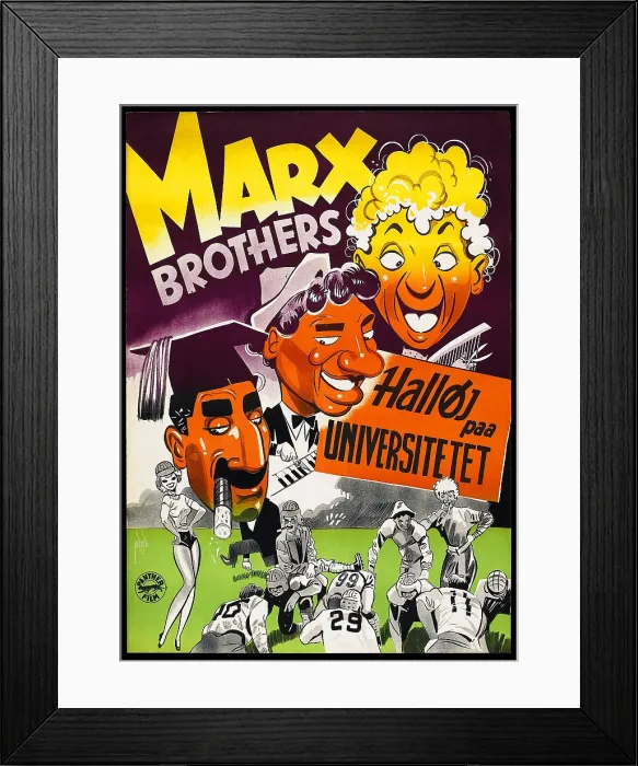 Framed Print : HORSE FEATHERS, the Marx Brothers, from mid-left to top right: Groucho Marx, Chico Marx, Harpo Marx; Danish poster for the film's 1952 release in Denmark; 1932