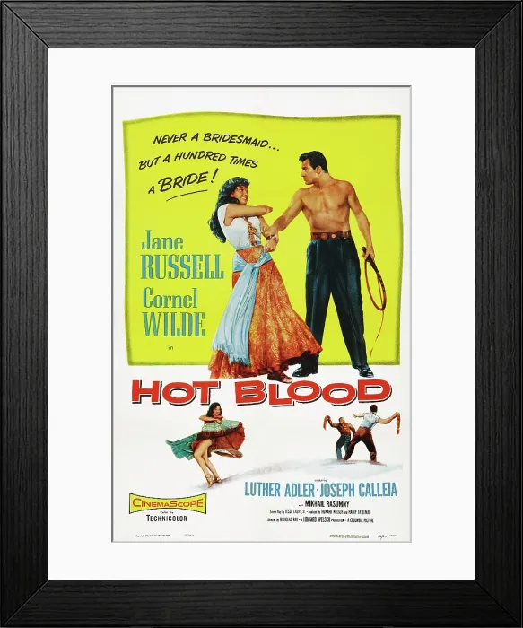Framed Print : HOT BLOOD, top l-r: Jane Russell, Cornel Wilde on poster art, 1956 Framed Print : HOT BLOOD, top l-r: Jane Russell, Cornel Wilde on poster art, 1956