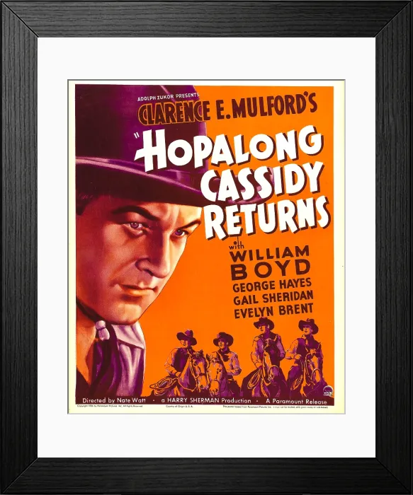 Framed Print : HOPALONG CASSIDY RETURNS, left: William Boyd on window card, 1936