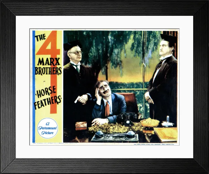 Framed Print : HORSE FEATHERS, US lobbycard, from left: E H Calvert, Groucho Marx, Edward LeSaint, (The Marx Brothers), 1932