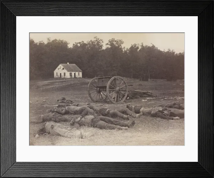 Framed Print : US Civil War. Battle of Antietam, also called Battle of Sharpsburg, Sept. 17, 1862. Dead Confederate artillery lay around their battery near the Dunker Church Framed Print : US Civil War. Battle of Antietam, also called Battle of Sharpsburg, Sept. 17, 1862. Dead Confederate artillery lay around their battery near the Dunker Church