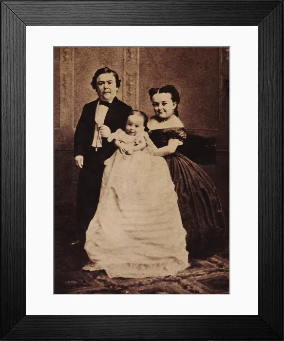Framed Print : Tom Thumb and his wife, Lavinia Warren, pose with a baby, in a piece of Barnum humbug'. The couple were performers for P.T