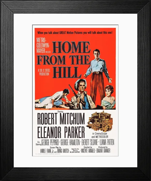 Framed Print : HOME FROM THE HILL, US poster art, from left: George Hamilton, Luana Patten, George Peppard, Robert Mitchum, Eleanor Parker, 1960 Framed Print : HOME FROM THE HILL, US poster art, from left: George Hamilton, Luana Patten, George Peppard, Robert Mitchum, Eleanor Parker, 1960