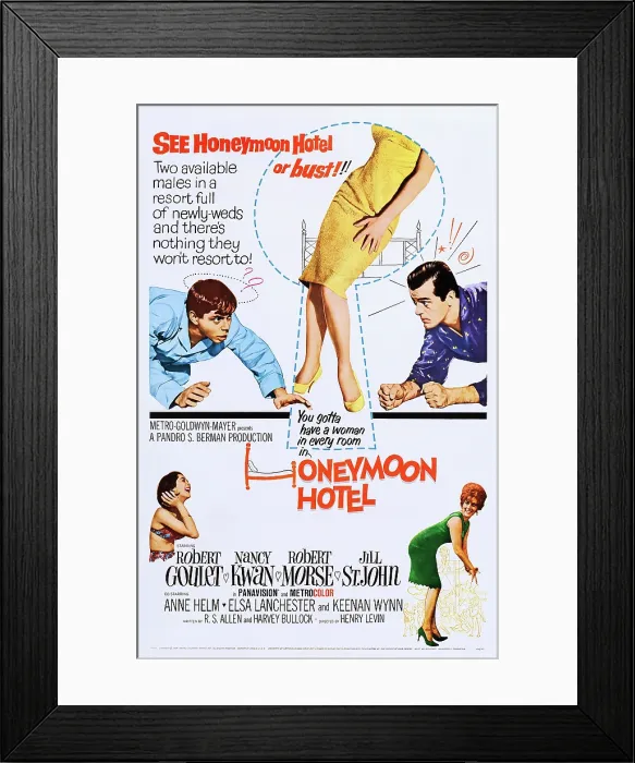 Framed Print : HONEYMOON HOTEL, US poster, top from left: Robert Morse, Robert Goulet, bottom from left: Nancy Kwan, Jill St. John, 1964 Framed Print : HONEYMOON HOTEL, US poster, top from left: Robert Morse, Robert Goulet, bottom from left: Nancy Kwan, Jill St. John, 1964