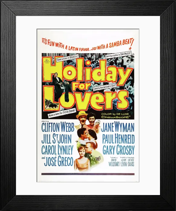 Framed Print : HOLIDAY FOR LOVERS, US poster art, couples, top to bottom: Clifton Webb, Jane Wyman, Nico Minardos, Jill St. John, Carol Lynley, Gary Crosby, 1959