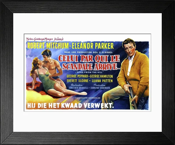 Framed Print : HOME FROM THE HILL (aka CELUI PAR QUI LE SCANDALE ARRIVE), from left: Luana Patten, George Peppard, Robert Mitchum, (Belgian poster art), 1960