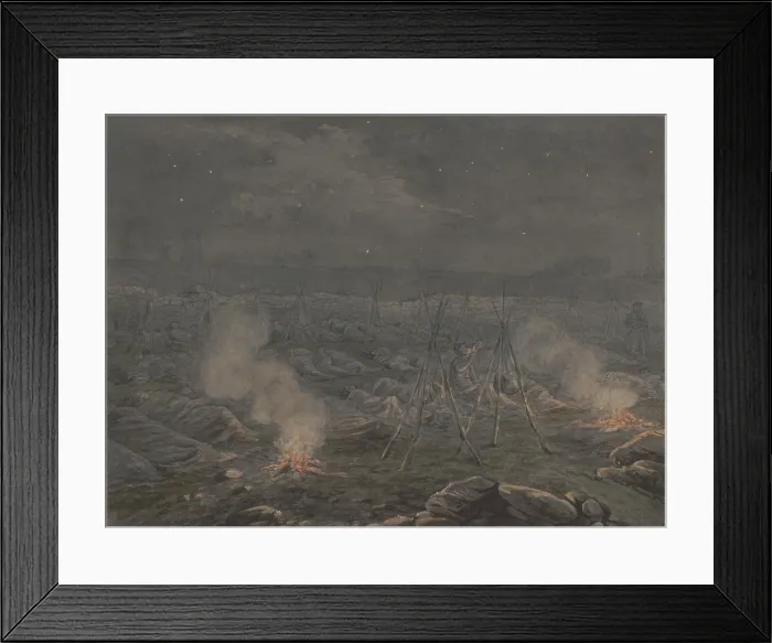 Framed Print : US Civil War night scene with many soldiers asleep on the ground in a field, campfires burn low, rifles stand ready in threes Framed Print : US Civil War night scene with many soldiers asleep on the ground in a field, campfires burn low, rifles stand ready in threes