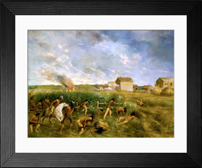 Framed Print : ATTACK ON NEW ULM, 1904, by Anton Gag, painting, oil on canvas. New Ulm was attacked twice during the Dakota War of 1862, on August 19-22, 1862