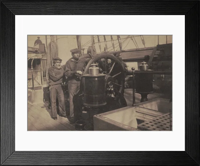 Framed Print : Union sailors at the ship's wheel aboard the USS Hartford, Adm. Farragut's Flagship, April 1862