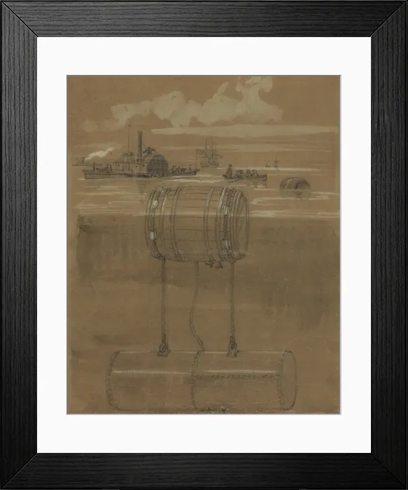 Framed Print : US Civil War. Alfred R. Waud drawing of infernal machines discovered in the Potomac River in July 1861 Framed Print : US Civil War. Alfred R. Waud drawing of infernal machines discovered in the Potomac River in July 1861