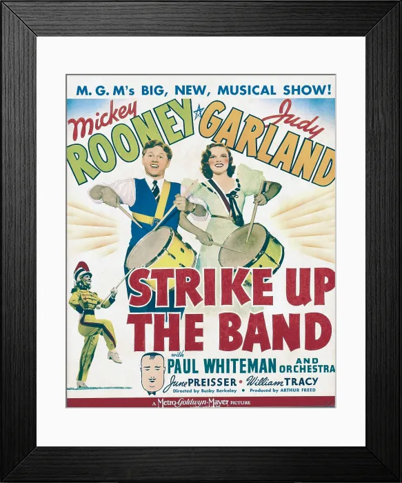 Framed Print : STRIKE UP THE BAND, center from left: Mickey Rooney, Judy Garland, bottom center: Paul Whiteman on window card, 1940