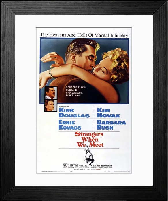 Framed Print : STRANGERS WHEN WE MEET, US poster art, top: Kirk Douglas, Kim Novak; left inserts: Ernie Kovacs, Barbara Rush, 1960