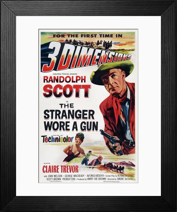 Framed Print : THE STRANGER WORE A GUN, US poster art, from bottom left: Claire Trevor, Randolph Scott, 1953 Framed Print : THE STRANGER WORE A GUN, US poster art, from bottom left: Claire Trevor, Randolph Scott, 1953