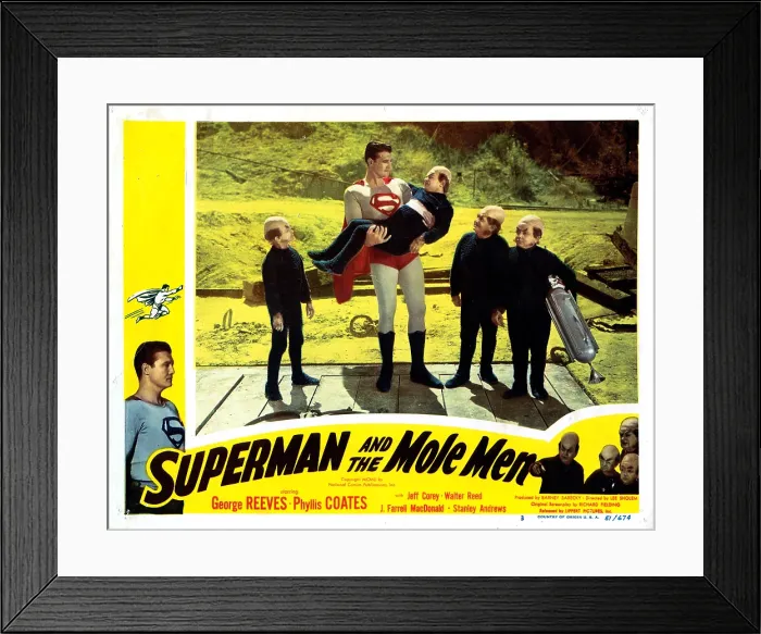 Framed Print : SUPERMAN AND THE MOLE MEN, lobbycard, George Reeves (cape), 1951