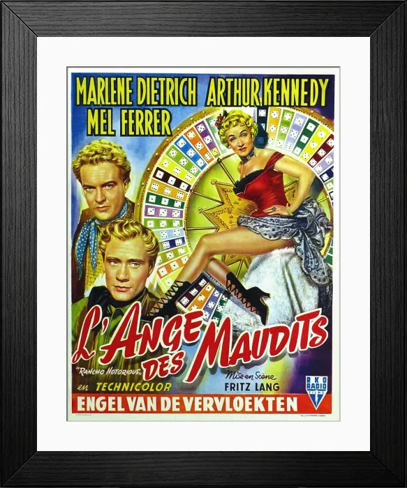 Framed Print : RANCHO NOTORIOUS, (aka L'ANGE DE MAUDITS), left from top: Arthur Kennedy, Mel Ferrer, right: Marlene Dietrich on Belgian poster art, 1952 Framed Print : RANCHO NOTORIOUS, (aka L'ANGE DE MAUDITS), left from top: Arthur Kennedy, Mel Ferrer, right: Marlene Dietrich on Belgian poster art, 1952