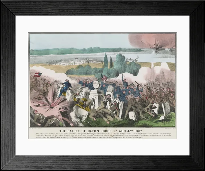 Framed Print : US Civil War. Battle of Baton Rouge, August 4, 1862. Currier & Ives lithograph shows fighting in Magnolia Cemetery with the city in the distance. When the Union commander, Brig Framed Print : US Civil War. Battle of Baton Rouge, August 4, 1862. Currier & Ives lithograph shows fighting in Magnolia Cemetery with the city in the distance. When the Union commander, Brig