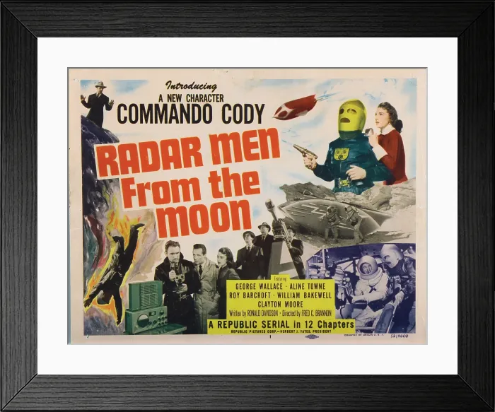 Framed Print : RADAR MEN FROM THE MOON, lobbycard, title card, George Wallace (helmet), Aline Towne (top right), bottom, front, from left: George Wallace, William Bakewell, Aline Towne, 1952