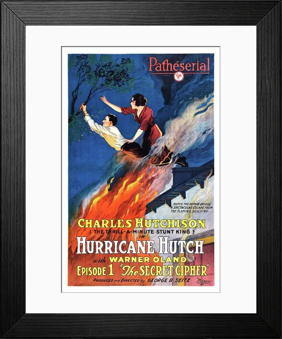 Framed Print : HURRICANE HUTCH, l-r: Charles Hutchison, Lucy Fox in Episode 1-The Secret Cipher on poster art, 1921 Framed Print : HURRICANE HUTCH, l-r: Charles Hutchison, Lucy Fox in Episode 1-The Secret Cipher on poster art, 1921