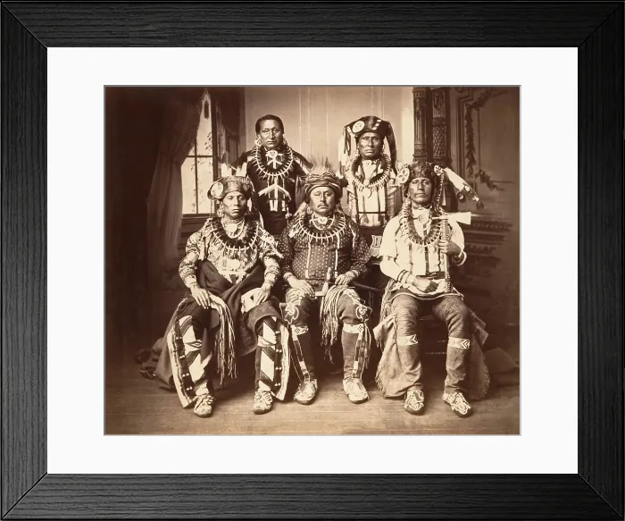 Framed Print : Elaborately dressed Otoe delegation of five, wear bear claw necklaces and fur turbans, in January 1881. The photo was taken in Washington, DC, by John Hillers