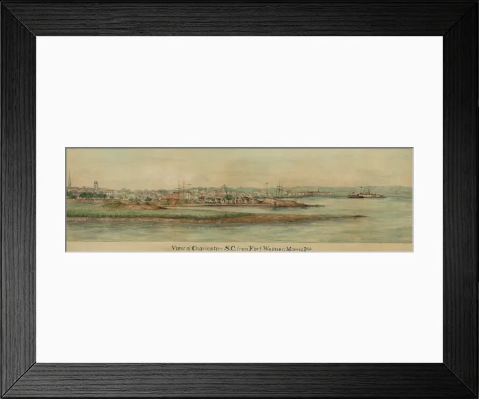 Framed Print : View of Charleston, South Carolina from Fort Wagner, on Morris Island, c. 1860s. At far left is the steeple of St Framed Print : View of Charleston, South Carolina from Fort Wagner, on Morris Island, c. 1860s. At far left is the steeple of St