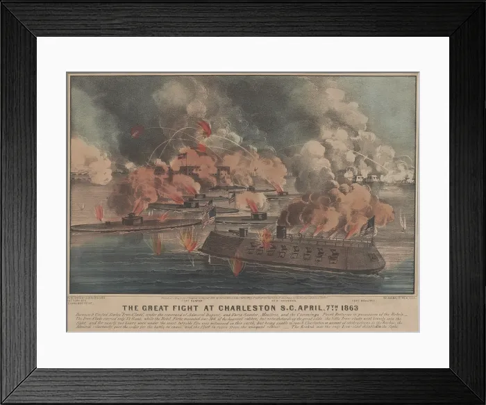 Framed Print : US Civil War. Battle of Charleston, April 7, 1863. This popular Currier & Ives print show the Union naval assault against Confederate the harbor defenses by nine ironclads