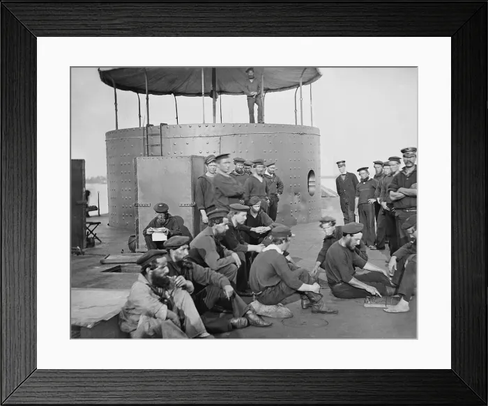 Framed Print : US Civil War. The USS Monitor, the Union ironclad gunboat after the Battle of Hampton Roads. Sailors relax on the deck while some men play checkers. Photo by James F Framed Print : US Civil War. The USS Monitor, the Union ironclad gunboat after the Battle of Hampton Roads. Sailors relax on the deck while some men play checkers. Photo by James F