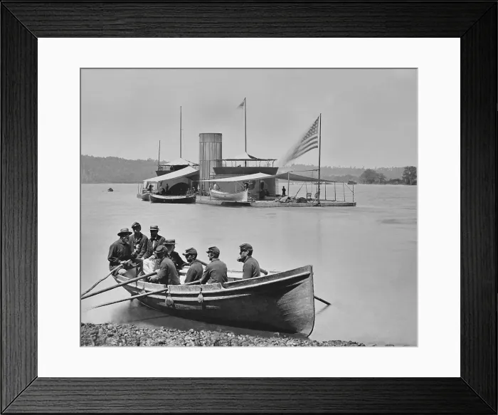 Framed Print : US Civil War, double turreted monitor, USS Onondaga, on the James River, Virginia, 1864. She was a Canonicus class ship, that was more seaworthy than previous monitors
