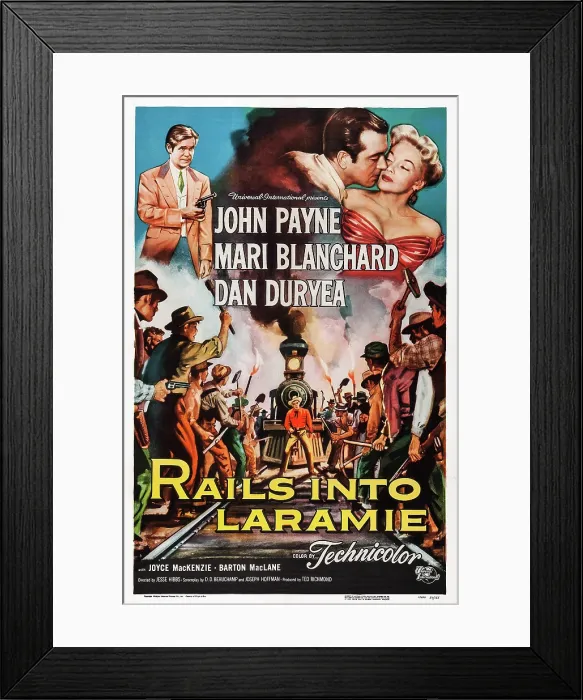 Framed Print : RAILS INTO LARAMIE, US poster art, Dan Duryea, John Payne, Mari Blanchard, 1954