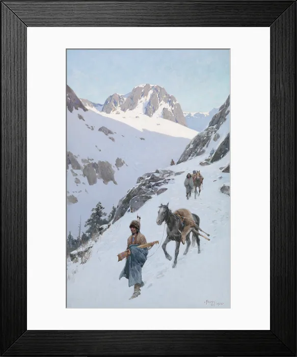 Framed Print : A SUCCESSFUL HUNT, by Henry François Farny, 1906, painting, watercolor, charcoal on paper. Native American hunter leading his horse with a dead deer tied over its back Framed Print : A SUCCESSFUL HUNT, by Henry François Farny, 1906, painting, watercolor, charcoal on paper. Native American hunter leading his horse with a dead deer tied over its back
