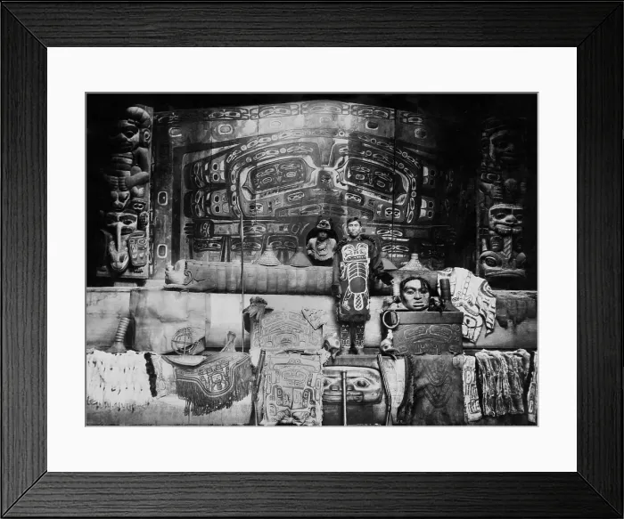 Framed Print : Painted relief carvings and sculpture decorate the Interior of Chief Klart-Reech's Whale House, Chilkat, Alaska