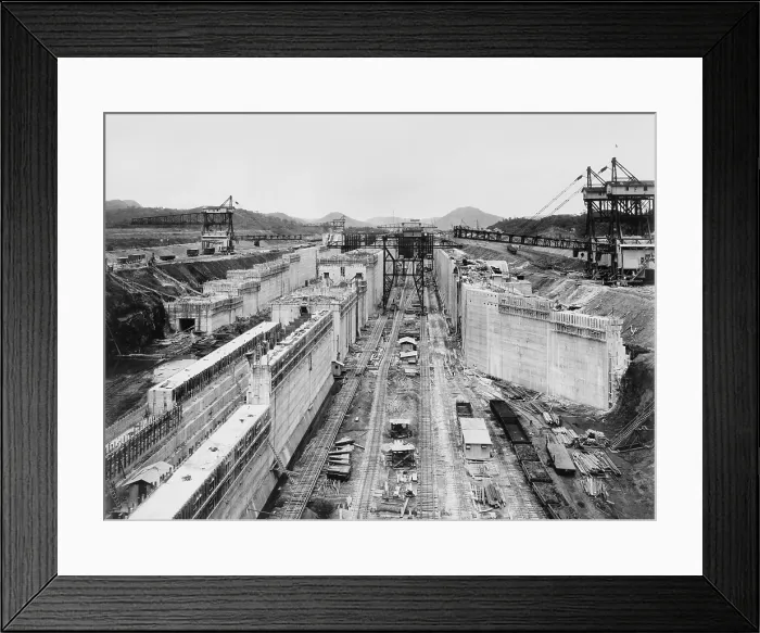 Framed Print : Miraflores locks under construction in Nov. 1912. In the foreground are the lower locks, with the upper locks in the distance. Together, the locks raised or lowered ships 54 feet Framed Print : Miraflores locks under construction in Nov. 1912. In the foreground are the lower locks, with the upper locks in the distance. Together, the locks raised or lowered ships 54 feet
