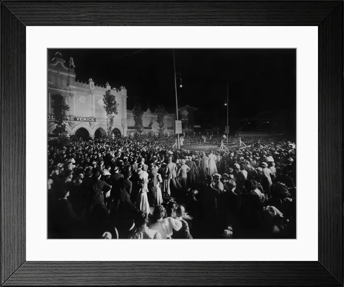 Framed Print : Crowd gathered for a nighttime boxing match in Chicago's White City Amusement Park, July 1907. They may be waiting for the 11:00 PM John L Framed Print : Crowd gathered for a nighttime boxing match in Chicago's White City Amusement Park, July 1907. They may be waiting for the 11:00 PM John L