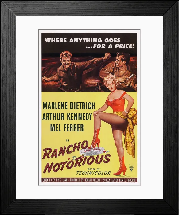 Framed Print : RANCHO NOTORIOUS, US poster art, top from left: Arthur Kennedy, Mel Ferrer, Marlene Dietrich, 1952
