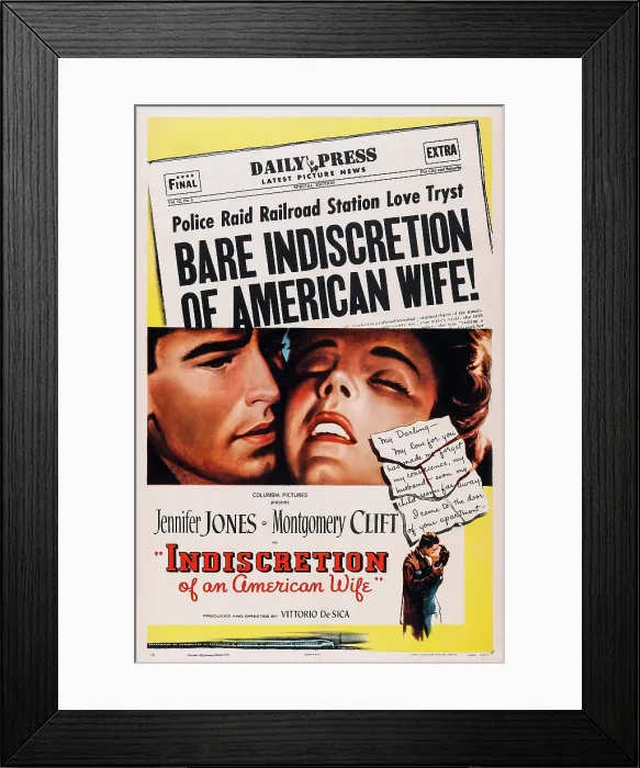 Framed Print : INDISCRETION OF AN AMERICAN WIFE, (aka STAZIONI TERMINI), l-r: Montgomery Clift, Jennifer Jones on poster art, 1953 Framed Print : INDISCRETION OF AN AMERICAN WIFE, (aka STAZIONI TERMINI), l-r: Montgomery Clift, Jennifer Jones on poster art, 1953