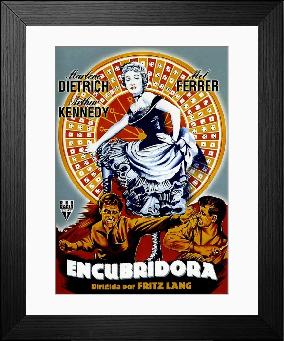 Framed Print : RANCHO NOTORIOUS, (aka ENCUBRIDORA), top: Marlene Dietrich on Spanish poster art, 1952