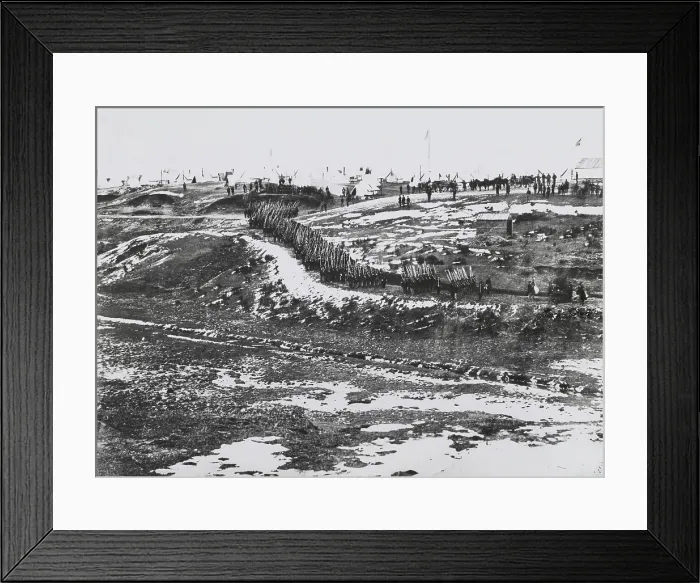 Framed Print : US Civil War, 1861-65. Union troops drilling on partially snow covered road up a hill, near Washington, DC. The camp's tents are on the top of the hill (BSLOC_2018_8_160)