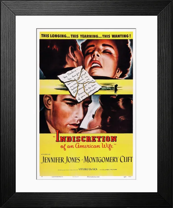 Framed Print : INDISCRETION OF AN AMERICAN WIFE, (aka STAZIONE TERMINI), US poster, top and bottom from left: Montgomery Clift, Jennifer Jones, 1953 Framed Print : INDISCRETION OF AN AMERICAN WIFE, (aka STAZIONE TERMINI), US poster, top and bottom from left: Montgomery Clift, Jennifer Jones, 1953