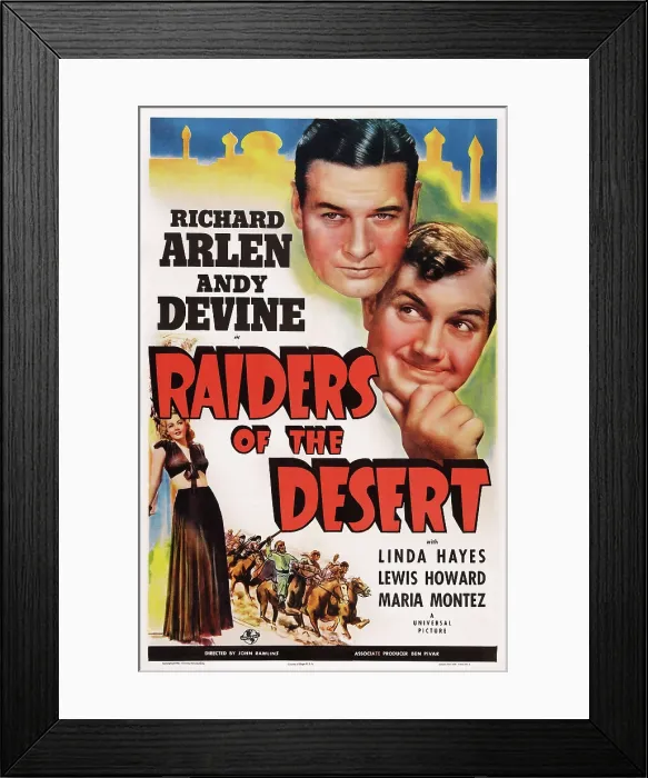 Framed Print : RAIDERS OF THE DESERT, US poster ar, from bottom left: Maria Montez, Richard Arlen, Andy Devine, 1941