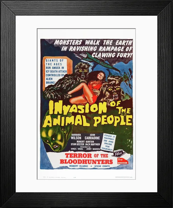 Framed Print : INVASION OF THE ANIMAL PEOPLE, US 1962 reissue poster art, 1959; double bill: TERROR OF THE BLOODHUNTERS, 1962 Framed Print : INVASION OF THE ANIMAL PEOPLE, US 1962 reissue poster art, 1959; double bill: TERROR OF THE BLOODHUNTERS, 1962